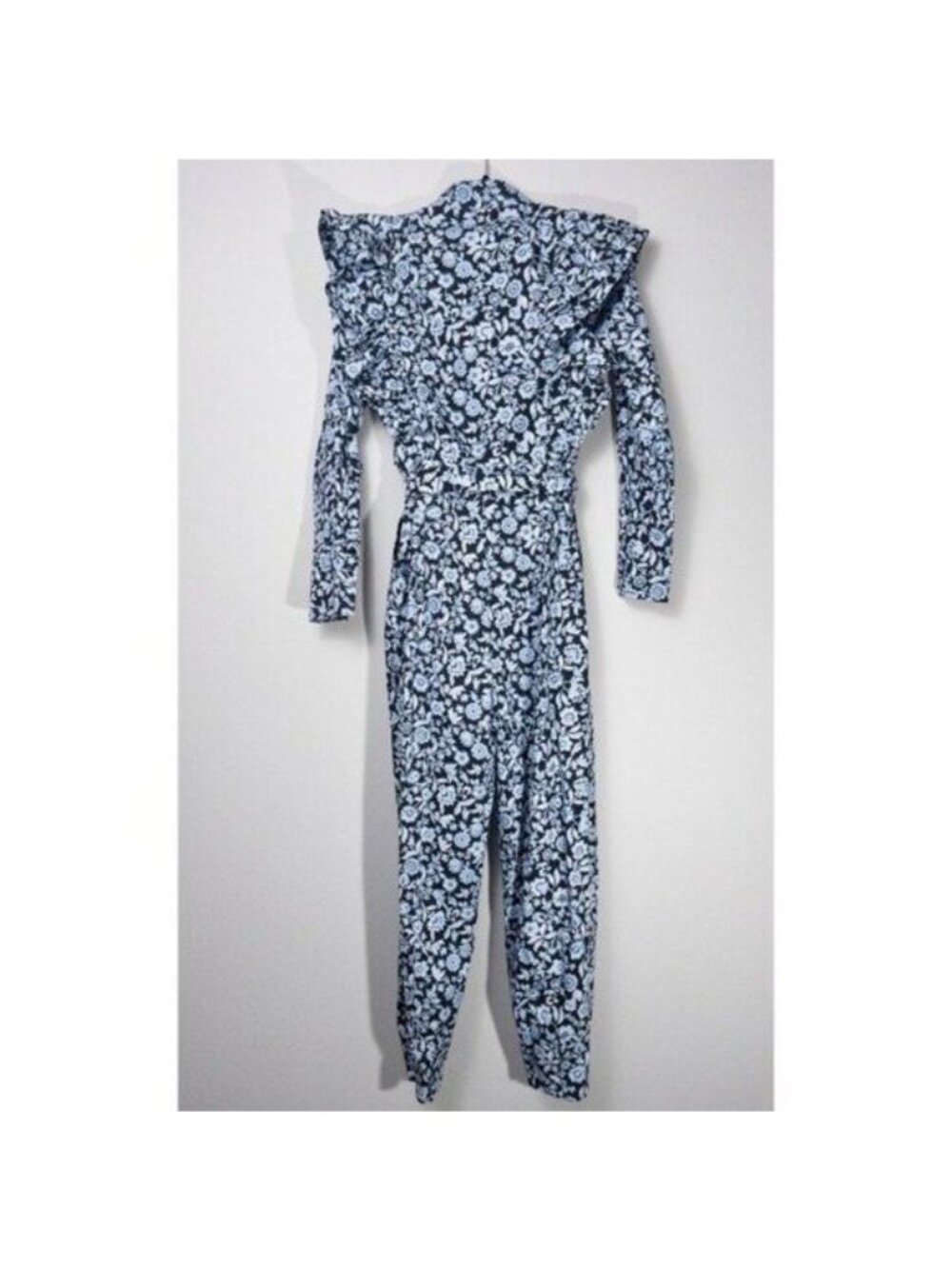 Zara Floral Poplin Ruffle Jumpsuit XS Blue Belted SS20 Blogger Fav TRF Cotton - Picture 10 of 15
